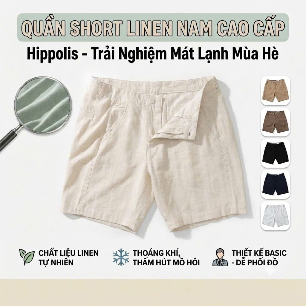 Hippolis Quần Short Linen Nam Thời Trang Cao Cấp, Chất Vải Mềm Mại, Phom Dáng Thoải Mái