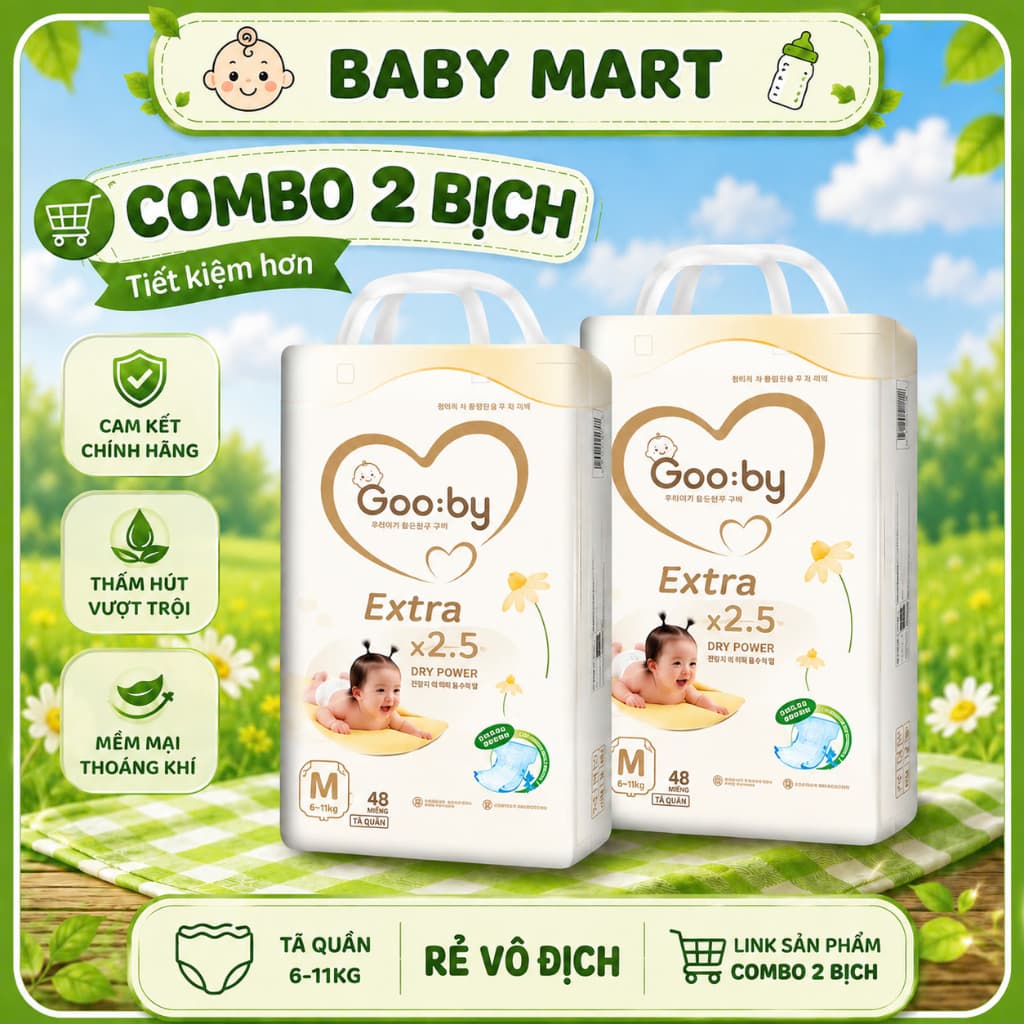 COMBO 2 BỊCH Tã bỉm GOOBY EXTRA bản mới cải tiến cao cấp full size cho bé.