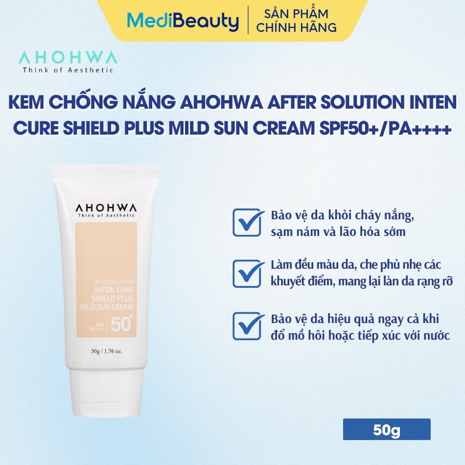 Kem chống nắng hiệu chỉnh sắc tố X5 bảo vệ da Ahohwa After Solution Inten Cure Shield Plus Mild Sun Cream SPF50+/Pa++++