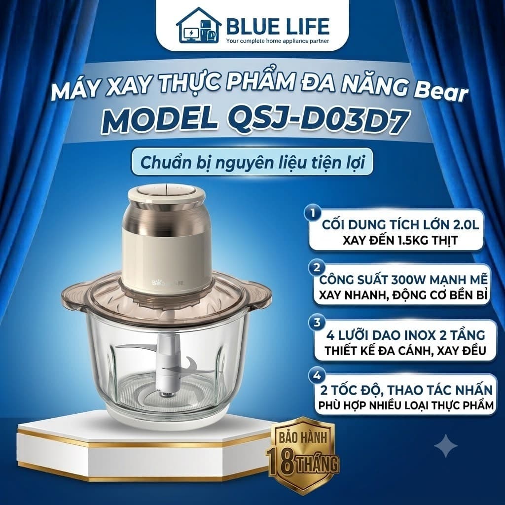 MÁY XAY THỰC PHẨM ĐA NĂNG BEAR QSJ-D03D7 2L 300W – 4 LƯỠI DAO INOX, 2 TỐC ĐỘ, CỐI DUNG TÍCH LỚN
