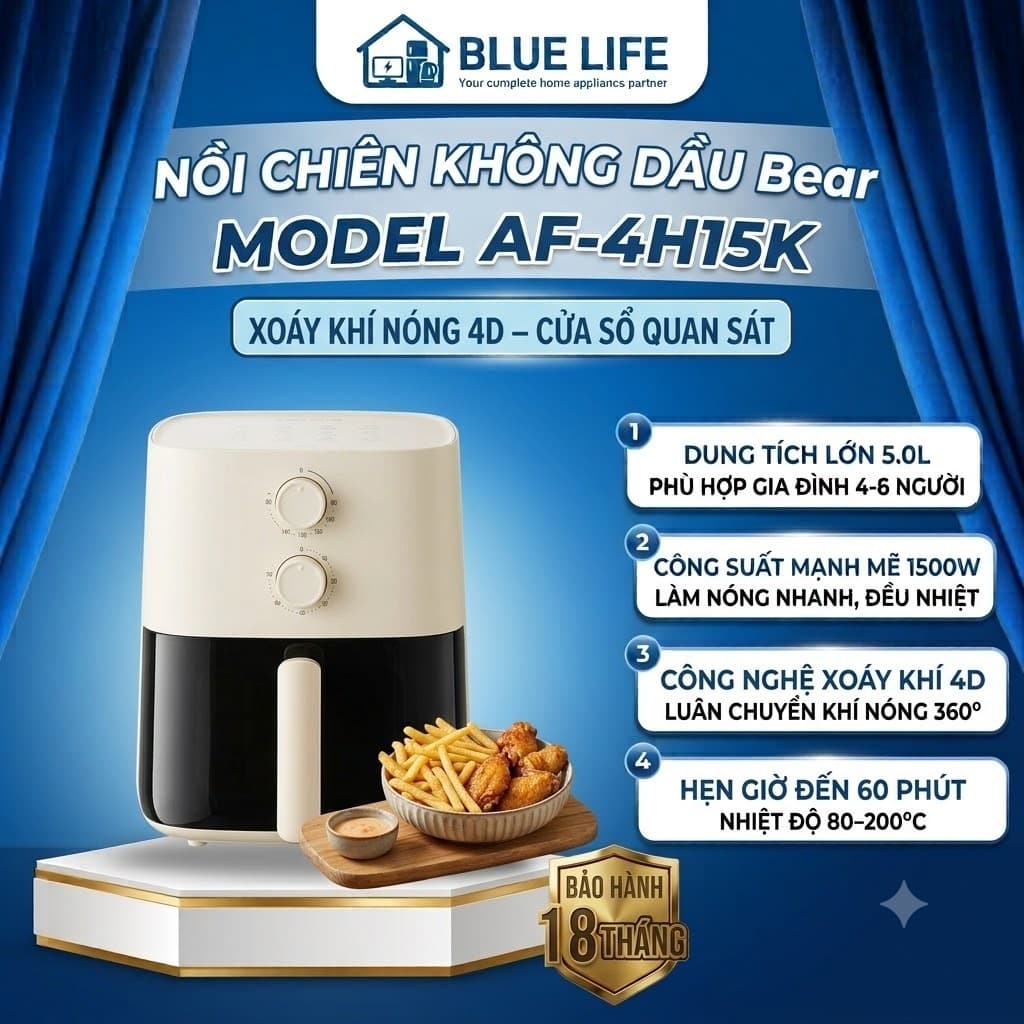 Nồi Chiên Không Dầu Bear AF-4H15K 5L 1500W, Xoáy Khí Nóng 4D, Cửa Sổ, Nhiệt 80-200°C, Hẹn Giờ 60 Phút