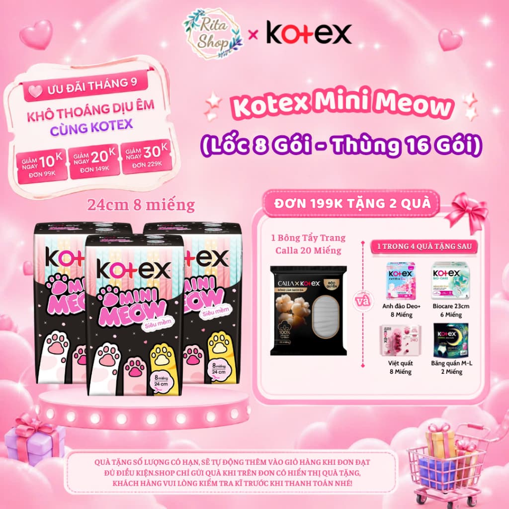 [LỐC 8 GÓI] Băng Vệ Sinh Kotex MiniMeow - Siêu Mỏng cánh 24cm 8 miếng
