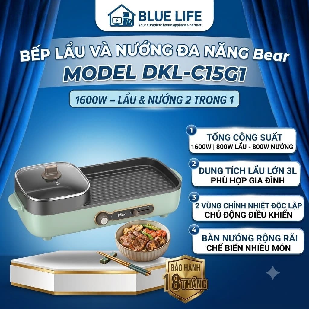 Bếp Nướng Lẩu Điện 3L Đa Năng 2in1 Bear DKL-C15G1 - Chính Hãng - BH 18 Tháng