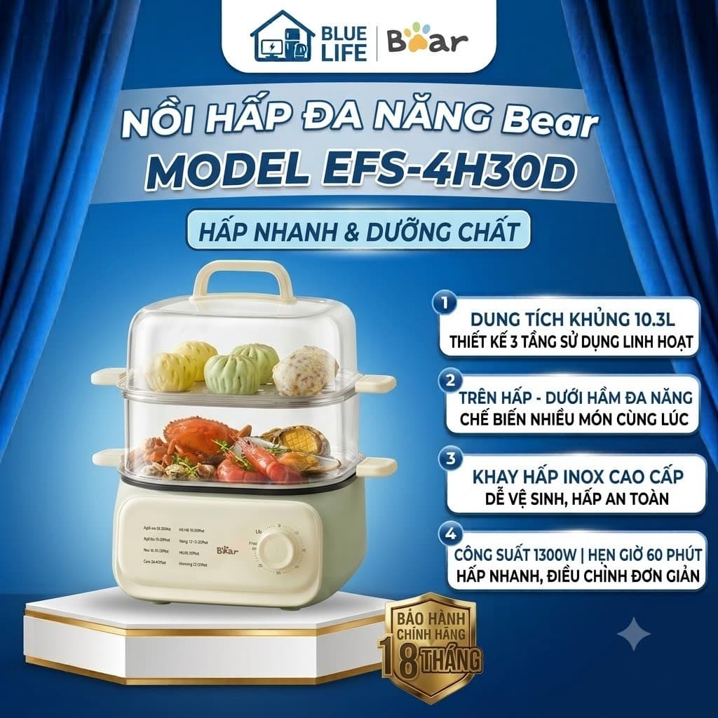 Nồi Hấp Bear EFS-4H30D 10.3L 1300W 3 Tầng Khay Inox, Hấp Hầm Đa Năng, Hẹn Giờ 60 Phút, Bảo Hành 18 Tháng