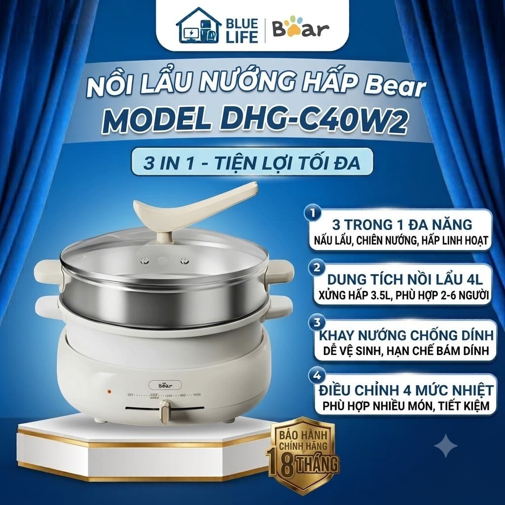 NỒI LẨU NƯỚNG HẤP ĐA NĂNG BEAR DHG-C40W2 4L – 3 TRONG 1, KHAY NƯỚNG + XỬNG HẤP, CHỐNG DÍNH, 4 MỨC NHIỆT