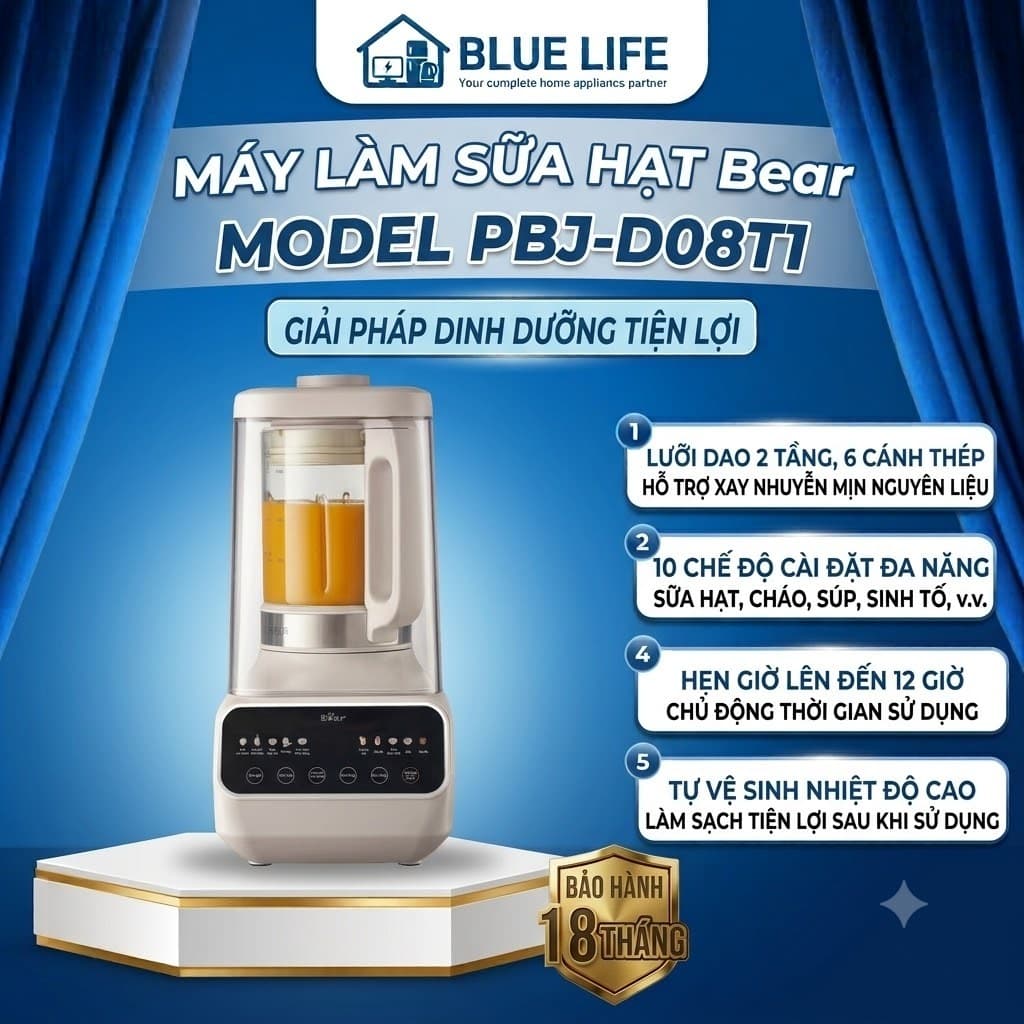 MÁY LÀM SỮA HẠT BEAR PBJ-D08T1 1.5L – 1200W, 10 CHỨC NĂNG, CỐI THỦY TINH, XAY & NẤU ĐA NĂNG