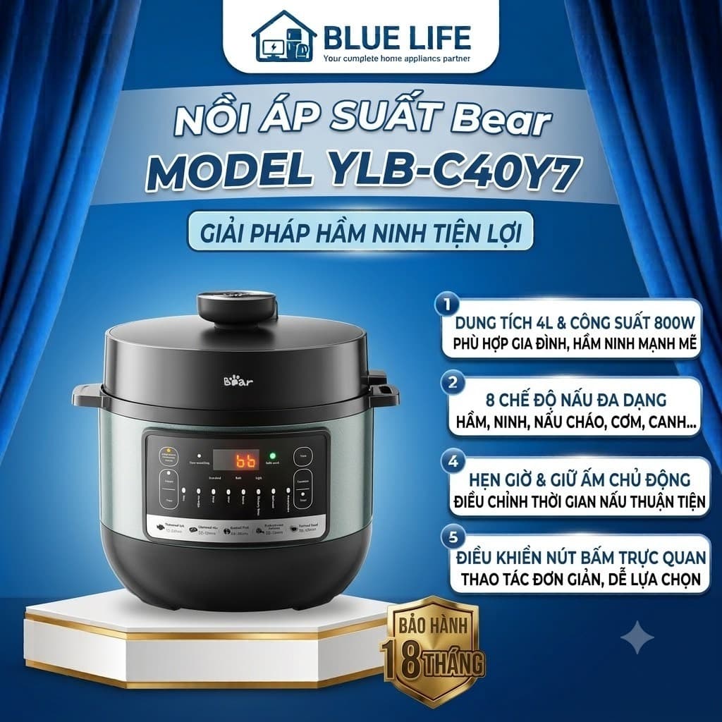 NỒI ÁP SUẤT BEAR YLB-C40Y7 4L 800W – 8 CHỨC NĂNG, LÒNG NỒI CHỐNG DÍNH, HẦM NHANH, GIỮ ẤM
