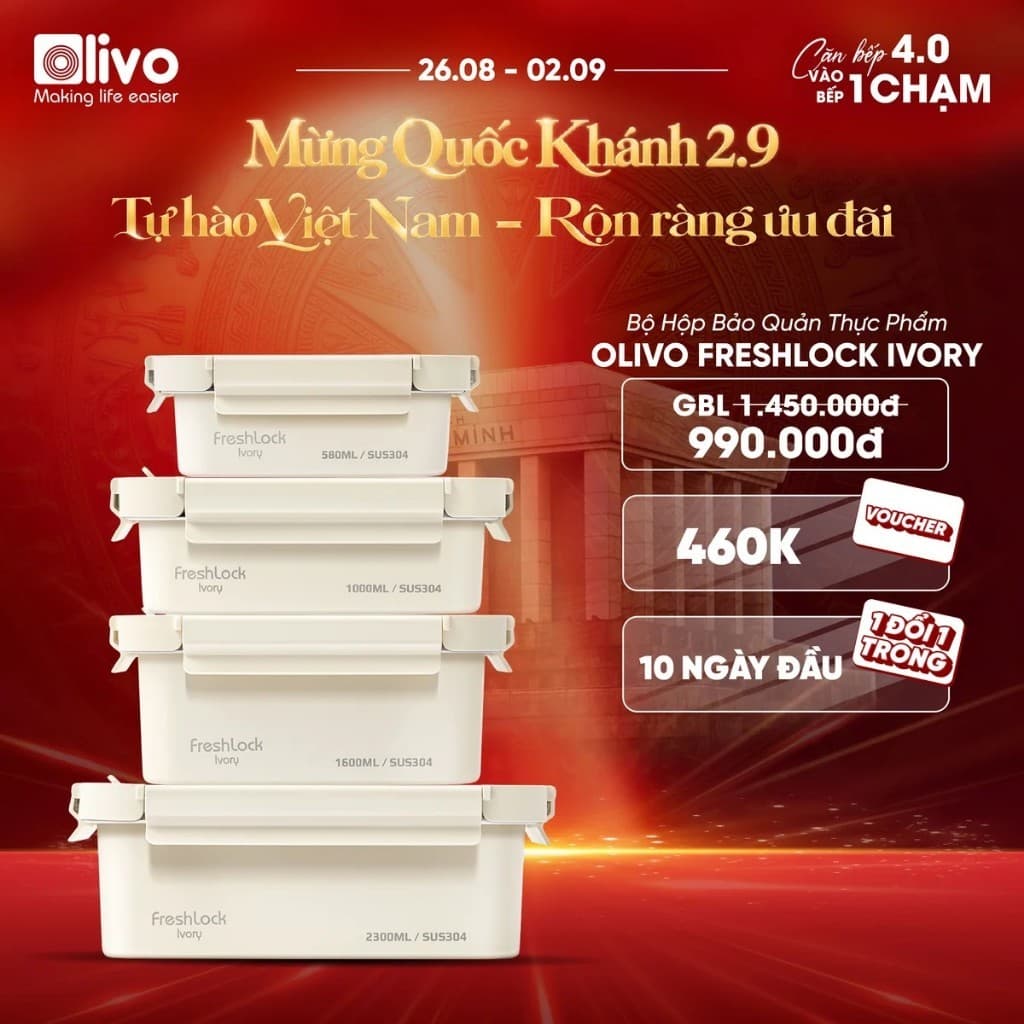 Bộ 4 Hộp Đựng Thực Phẩm Inox 304 OLIVO FreshLock Ivory Nắp AS Ko Chứa BPA An Toàn Chống Rò Rỉ