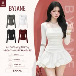 Áo Thun Nữ Dài Tay Ôm Body Cổ Vuông Nhún Trước Chất Thun Mịn Co Dãn 4 Chiều BYJANE - 711 1
