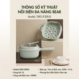 Nồi Điện Đa Năng Bear DRG-E30N2, 3Lit 2 Tầng, Lòng Men Gốm Nồi Lẩu Mini Nấu Xào Chiên Hấp Áp Chảo, Hàng Chính Hãng 3