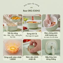 Nồi Điện Đa Năng Bear DRG-E30N2, 3Lit 2 Tầng, Lòng Men Gốm Nồi Lẩu Mini Nấu Xào Chiên Hấp Áp Chảo, Hàng Chính Hãng 9