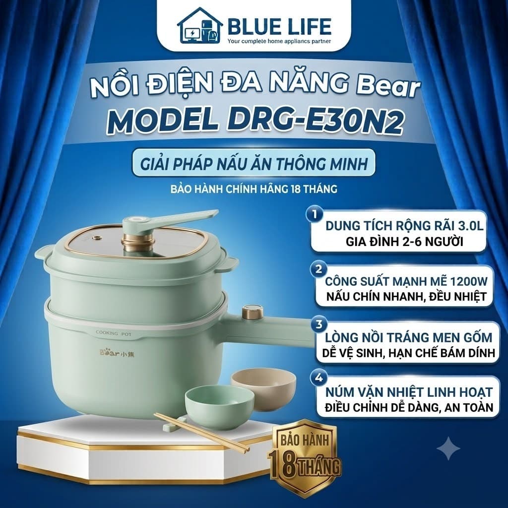 Nồi Điện Đa Năng Bear DRG-E30N2, 3Lit Tráng Men Gốm, 2 Tầng Đa Năng, Hàng Chính Hãng
