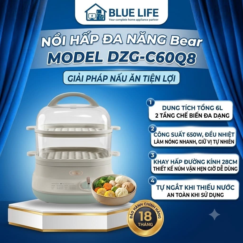 NỒI HẤP ĐA NĂNG BEAR DZG-C60Q8 6L – 650W, 2 TẦNG, HẸN GIỜ, TỰ NGẮT KHI THIẾU NƯỚC, KHAY HẤP 28CM