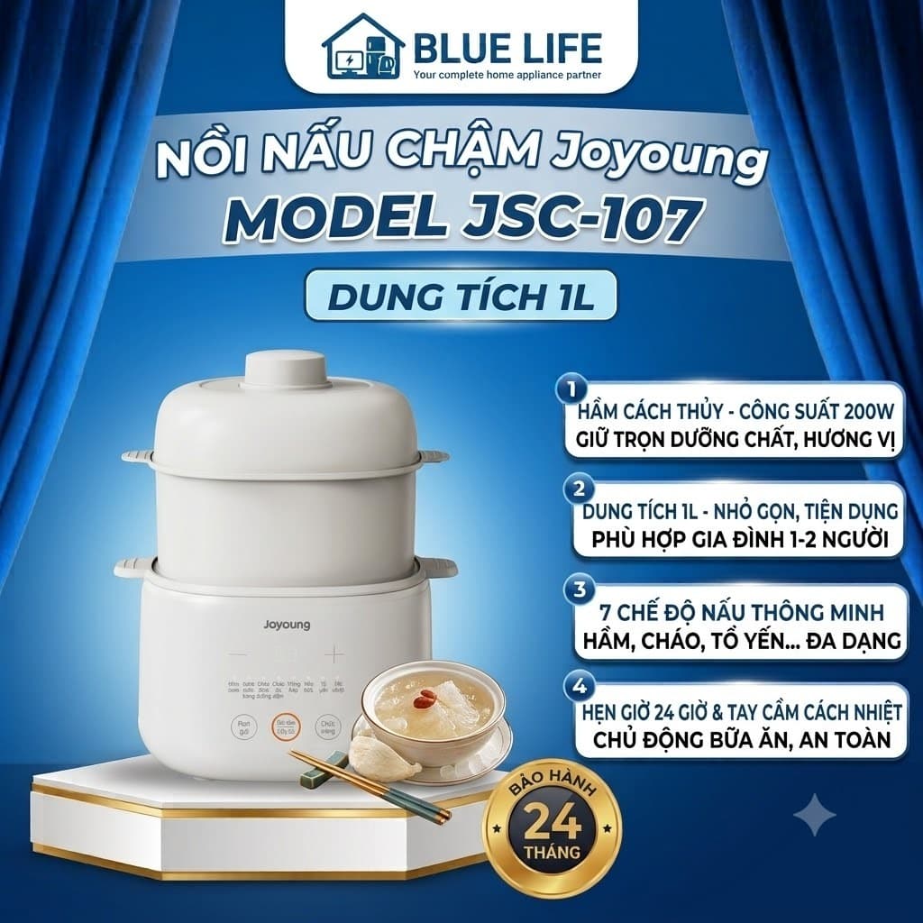 Nồi Nấu Chậm Joyoung JSC-107, Thố Sứ 1.0Lit - Công Suất 200w, Kèm Xửng Hấp, Hàng Chính Hãng