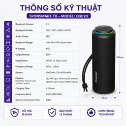 Loa Bluetooth Tronsmart T8 Công Suất 40W, Bluetooth 5.3, Chống Nước IPX7, Pin 9000mAh, Đèn LED RGB, Loa Di Động 6
