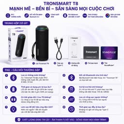 Loa Bluetooth Tronsmart T8 Công Suất 40W, Bluetooth 5.3, Chống Nước IPX7, Pin 9000mAh, Đèn LED RGB, Loa Di Động 9