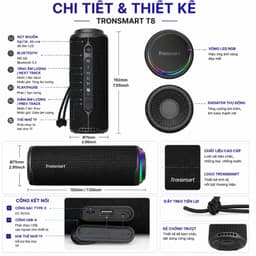 Loa Bluetooth Tronsmart T8 Công Suất 40W, Bluetooth 5.3, Chống Nước IPX7, Pin 9000mAh, Đèn LED RGB, Loa Di Động 3