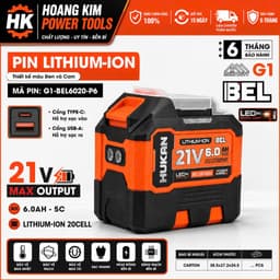 1 Pin 20 Cell Hukan G1-BEL6020-P6 21V 6Ah - Mạch 4 Mofet - Chân Pin M21 Tích Hợp 2 Đèn LED - Cổng Sạc USB, TYPE C 1