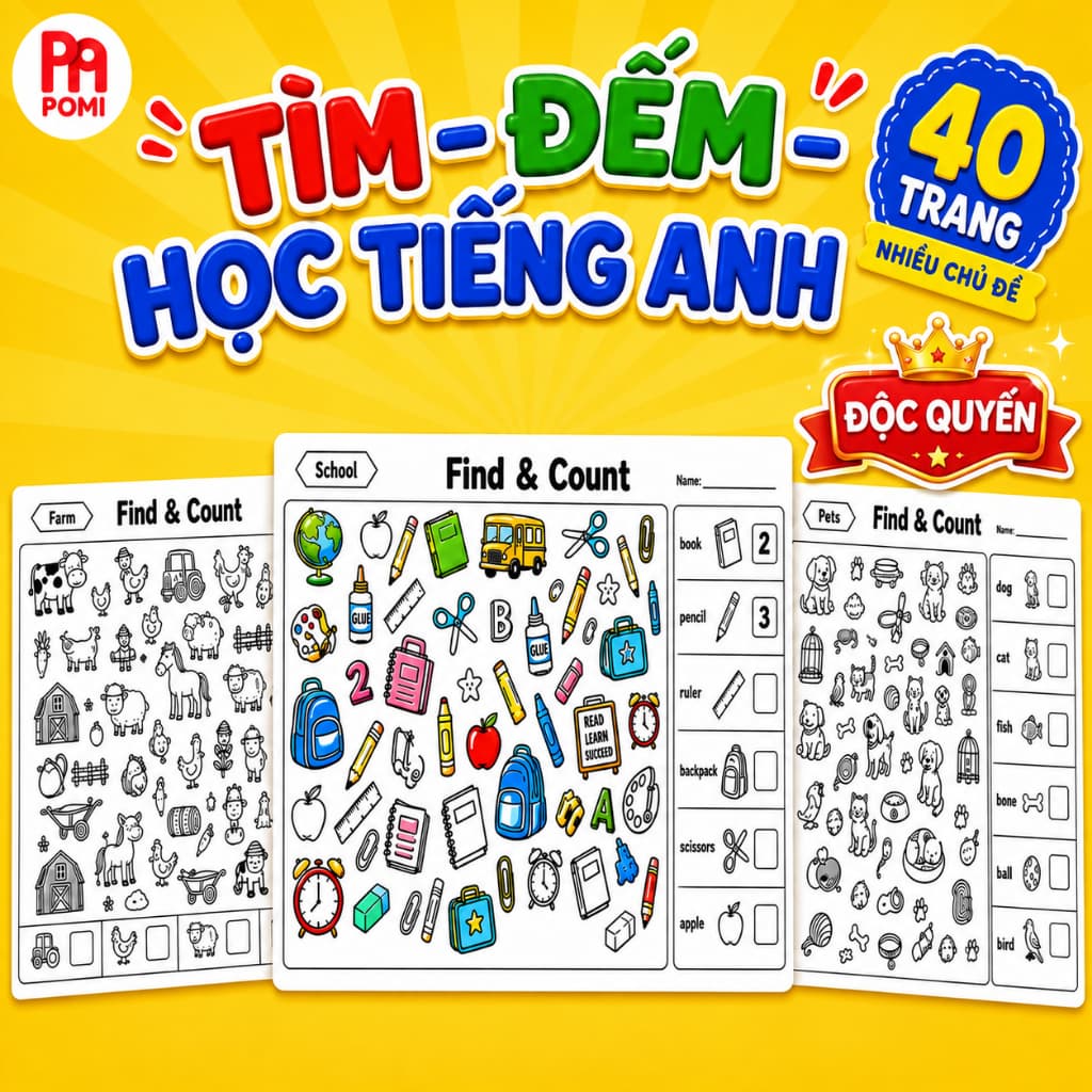 Bộ 40 Trang Tìm Hình Và Đếm Số Tiếng Anh Cho Bé POMI – Bài Tập Find & Count Nhiều Chủ Đề