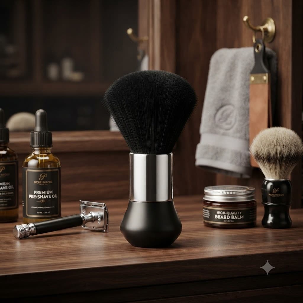 Cọ Quét Phủi Tóc Barber Cao Cấp MOLLYHAIR - Lông Mềm Siêu Mịn, Cán Đen Phối Bạc Sang Trọng, Thiết Kế Ergonomic Đẳng Cấp