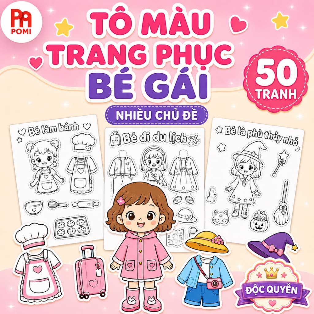 Tranh Tô Màu Trang Phục Bé Gái Theo Chủ Đề – Luyện Cắt Phối Màu Khéo Léo cho bé - POMI