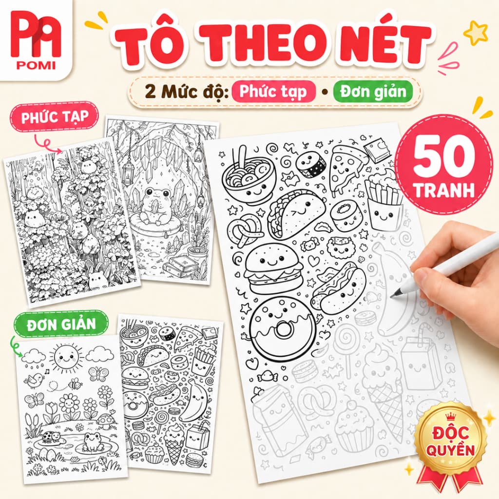 Set 50 Tờ Tranh Line Art Đồ Nét Tô Màu Phù Hợp Trẻ Em - Người Lớn Giải Trí Giảm Stress - POMI