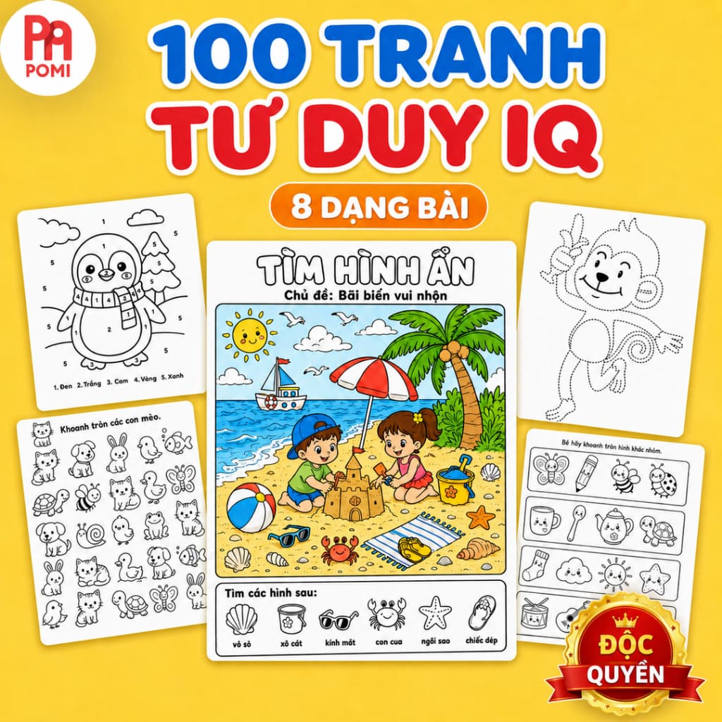 Bộ 100 Tranh Phát Triển Tư Duy IQ Cho Bé POMI – 8 Dạng Bài Tô Theo Số, Tìm Ảnh Ẩn, Tìm Bóng, Mê Cung, Nối Số...