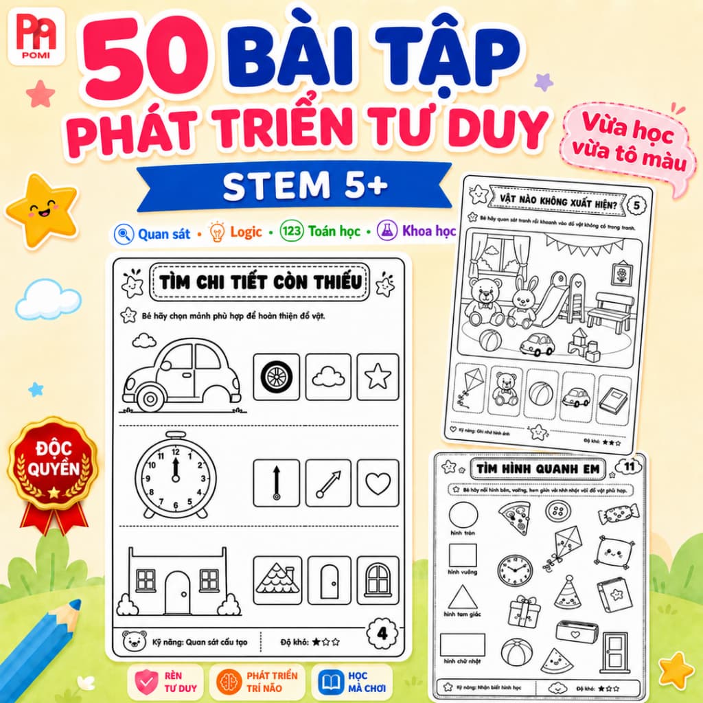 POMI 50 Tranh bài tập STEM phát triển tư duy dành cho bé tuổi 5+