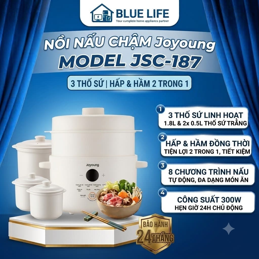 Nồi Nấu Chậm Joyoung JSC-187, 1.8Lit - 300w, Lòng Nồi Sứ, Hàng Chính Hãng