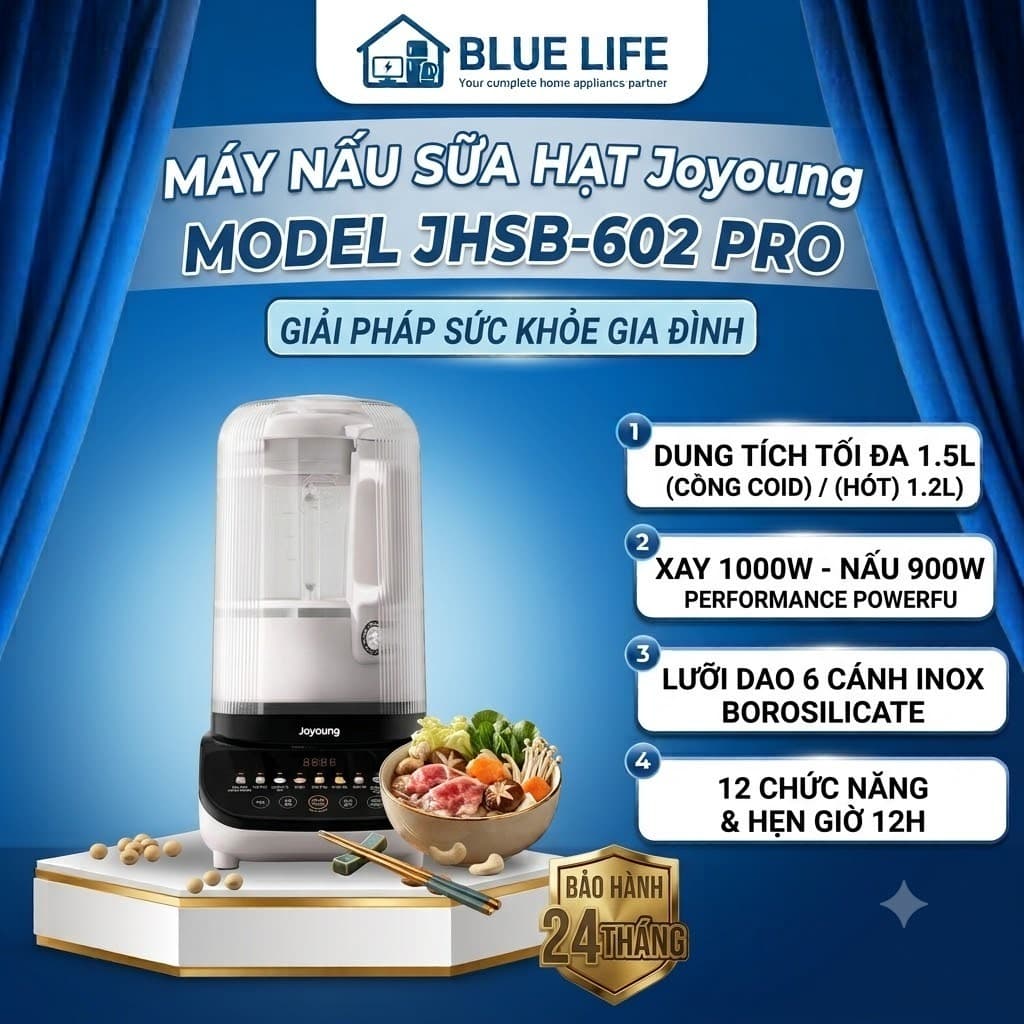 MÁY NẤU SỮA HẠT JOYOUNG JHSB-602 PRO 1.5L – XAY 1000W, GIA NHIỆT 900W, 12 CHỨC NĂNG, HẸN GIỜ 12H, TỰ VỆ SINH