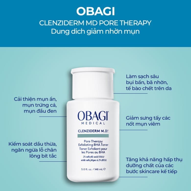 BHA Obagi Clenziderm M.D. Exfoliating BHA 2% Nước hoa hồng Cân bằng Toner tẩy tế bào chết, làm sạch mụn - 148ml