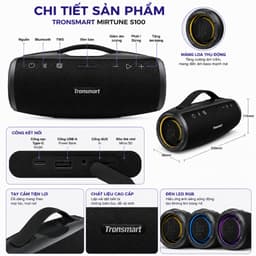 Loa Bluetooth Tronsmart Mirtune S100 50W, Pin 8000mAh 20 Giờ, Chống Nước IPX7, Bluetooth 5.3, TWS, AUX USB Thẻ Nhớ 3