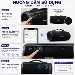 Loa Bluetooth Tronsmart Mirtune S100 50W, Pin 8000mAh 20 Giờ, Chống Nước IPX7, Bluetooth 5.3, TWS, AUX USB Thẻ Nhớ 6