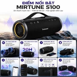 Loa Bluetooth Tronsmart Mirtune S100 50W, Pin 8000mAh 20 Giờ, Chống Nước IPX7, Bluetooth 5.3, TWS, AUX USB Thẻ Nhớ 2