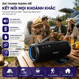 Loa Bluetooth Tronsmart Mirtune S100 50W, Pin 8000mAh 20 Giờ, Chống Nước IPX7, Bluetooth 5.3, TWS, AUX USB Thẻ Nhớ 4