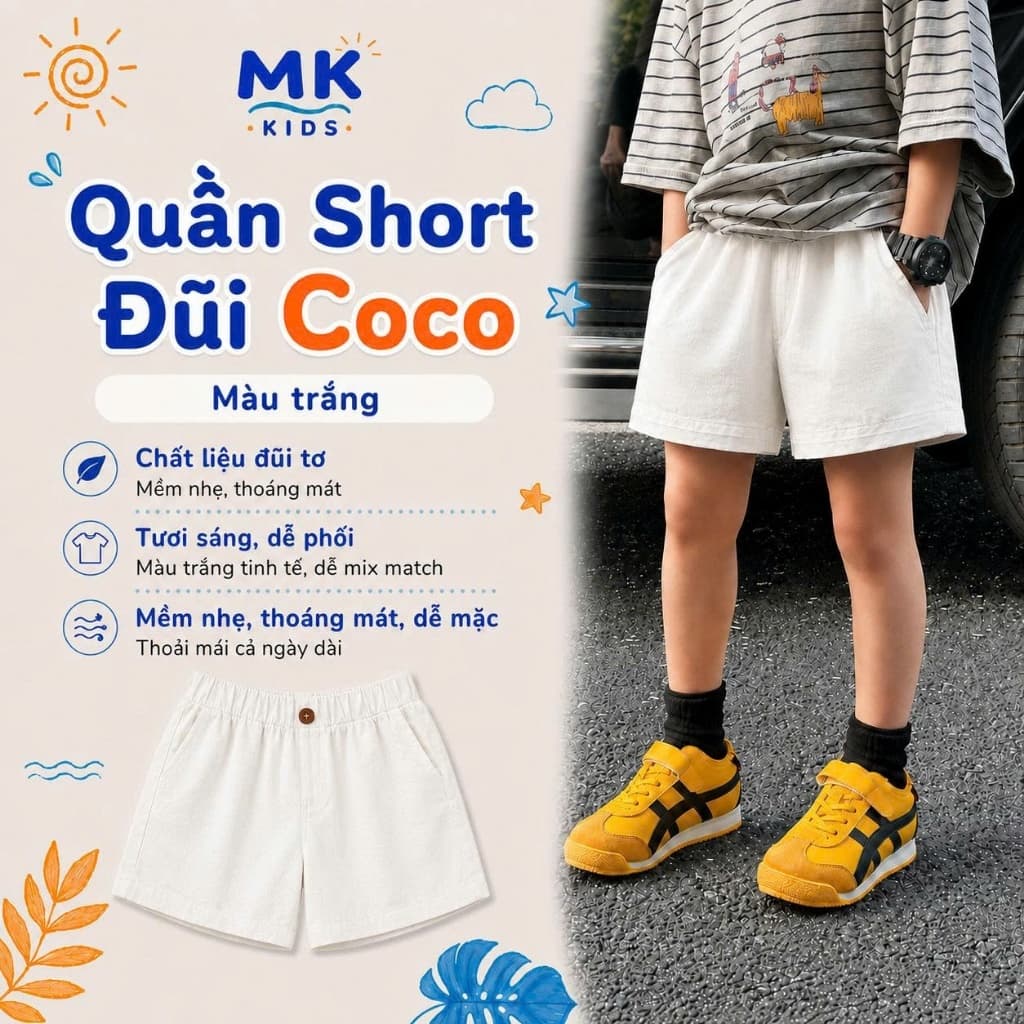 Quần Short Đũi Bé Trai Coco MK Kids Màu Trắng Lưng Thun Form Ngắn Trên Gối Mềm Mát Thoáng Khí Mùa Hè 2-10 Tuổi