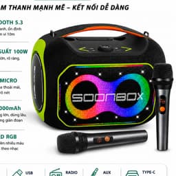 Loa Bluetooth Karaoke SOONBOX S6300PRO Kèm 2 Micro Không Dây, Công Suất 100W, Bluetooth 5.3, Pin 12000mAh, Đèn LED RGB 2