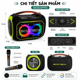 Loa Bluetooth Karaoke SOONBOX S6300PRO Kèm 2 Micro Không Dây, Công Suất 100W, Bluetooth 5.3, Pin 12000mAh, Đèn LED RGB 3