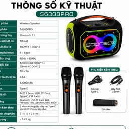 Loa Bluetooth Karaoke SOONBOX S6300PRO Kèm 2 Micro Không Dây, Công Suất 100W, Bluetooth 5.3, Pin 12000mAh, Đèn LED RGB 7