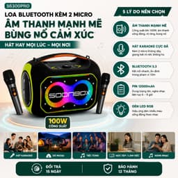 Loa Bluetooth Karaoke SOONBOX S6300PRO Kèm 2 Micro Không Dây, Công Suất 100W, Bluetooth 5.3, Pin 12000mAh, Đèn LED RGB 8