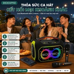 Loa Bluetooth Karaoke SOONBOX S6300PRO Kèm 2 Micro Không Dây, Công Suất 100W, Bluetooth 5.3, Pin 12000mAh, Đèn LED RGB 4
