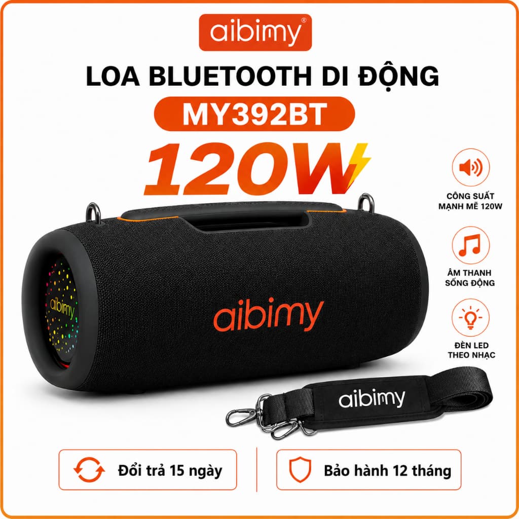 Loa Bluetooth Aibimy MY392BT 120W, Bluetooth 5.3, Chống Nước IPX6, Đèn LED, Pin 6-8H, Hỗ Trợ USB/TF/AUX, Kèm Dây Đeo