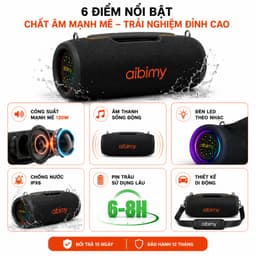 Loa Bluetooth Aibimy MY392BT 120W, Bluetooth 5.3, Chống Nước IPX6, Đèn LED, Pin 6-8H, Hỗ Trợ USB/TF/AUX, Kèm Dây Đeo 2
