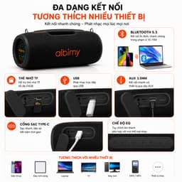 Loa Bluetooth Aibimy MY392BT 120W, Bluetooth 5.3, Chống Nước IPX6, Đèn LED, Pin 6-8H, Hỗ Trợ USB/TF/AUX, Kèm Dây Đeo 5