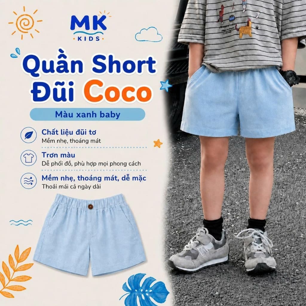 Quần Short Đũi Bé Trai Coco MK Kids Màu Xanh Dương Lưng Thun Form Ngắn Trên Gối Mềm Mát Thoáng Khí Mùa Hè 2-10 Tuổi