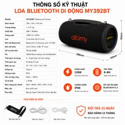 Loa Bluetooth Aibimy MY392BT 120W, Bluetooth 5.3, Chống Nước IPX6, Đèn LED, Pin 6-8H, Hỗ Trợ USB/TF/AUX, Kèm Dây Đeo 6