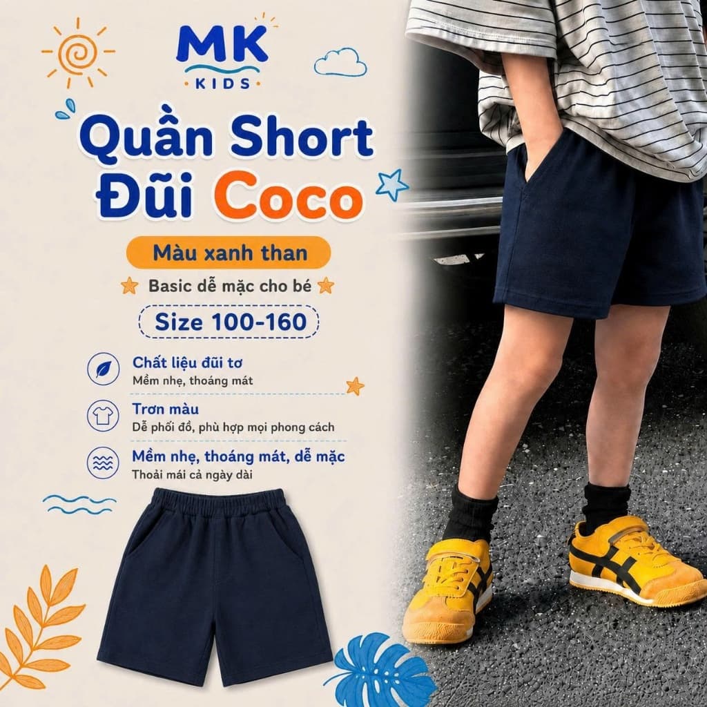 Quần Short Đũi Bé Trai Coco MK Kids Màu Xanh Than Lưng Thun Form Ngắn Trên Gối Mềm Mát Thoáng Khí Mùa Hè 2-10 Tuổi