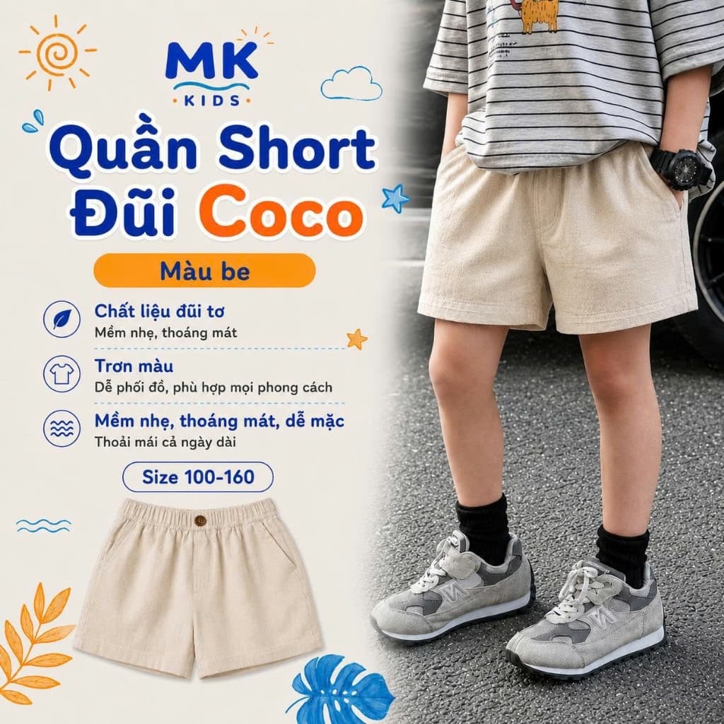 Quần Short Đũi Bé Trai Coco MK Kids Màu Be Lưng Thun Form Ngắn Trên Gối Mềm Mát Thoáng Khí Mùa Hè 2-10 Tuổi