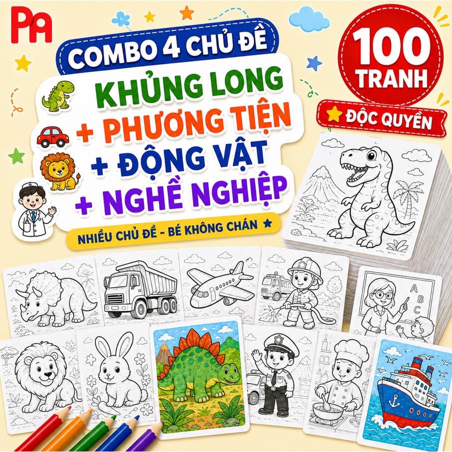 POMI - 100 Tranh Tô Màu Cho Bé Trai Mầm Non Tiểu Học Chủ Đề Khủng Long Phương Tiện Động Vật Nghề Nghiệp giấy A4 A5