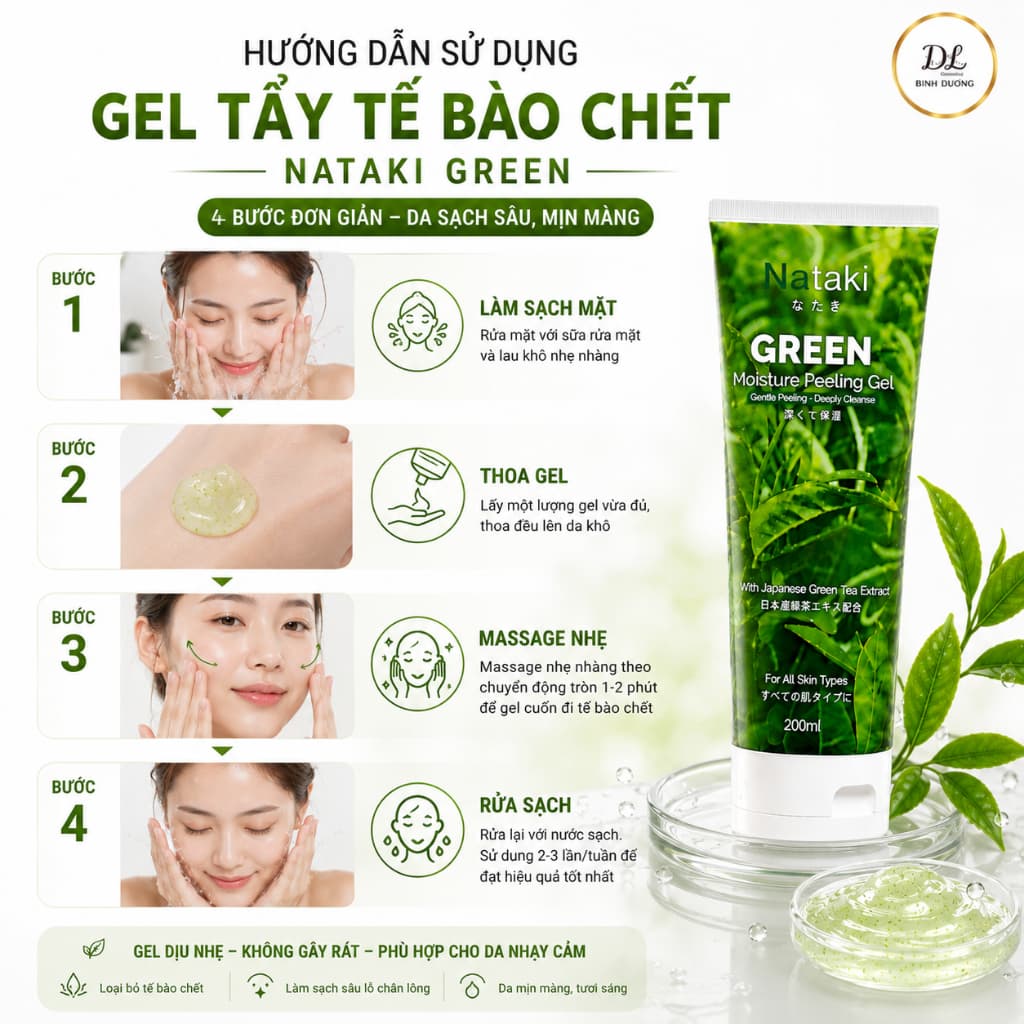 Gel Tẩy Tế Bào Chết Nataki MOLLYHAIR Green Moisture Peeling Gel - Chiết Xuất Trà Xanh, Dưỡng Ẩm Sâu & Làm Sáng Da 200ml